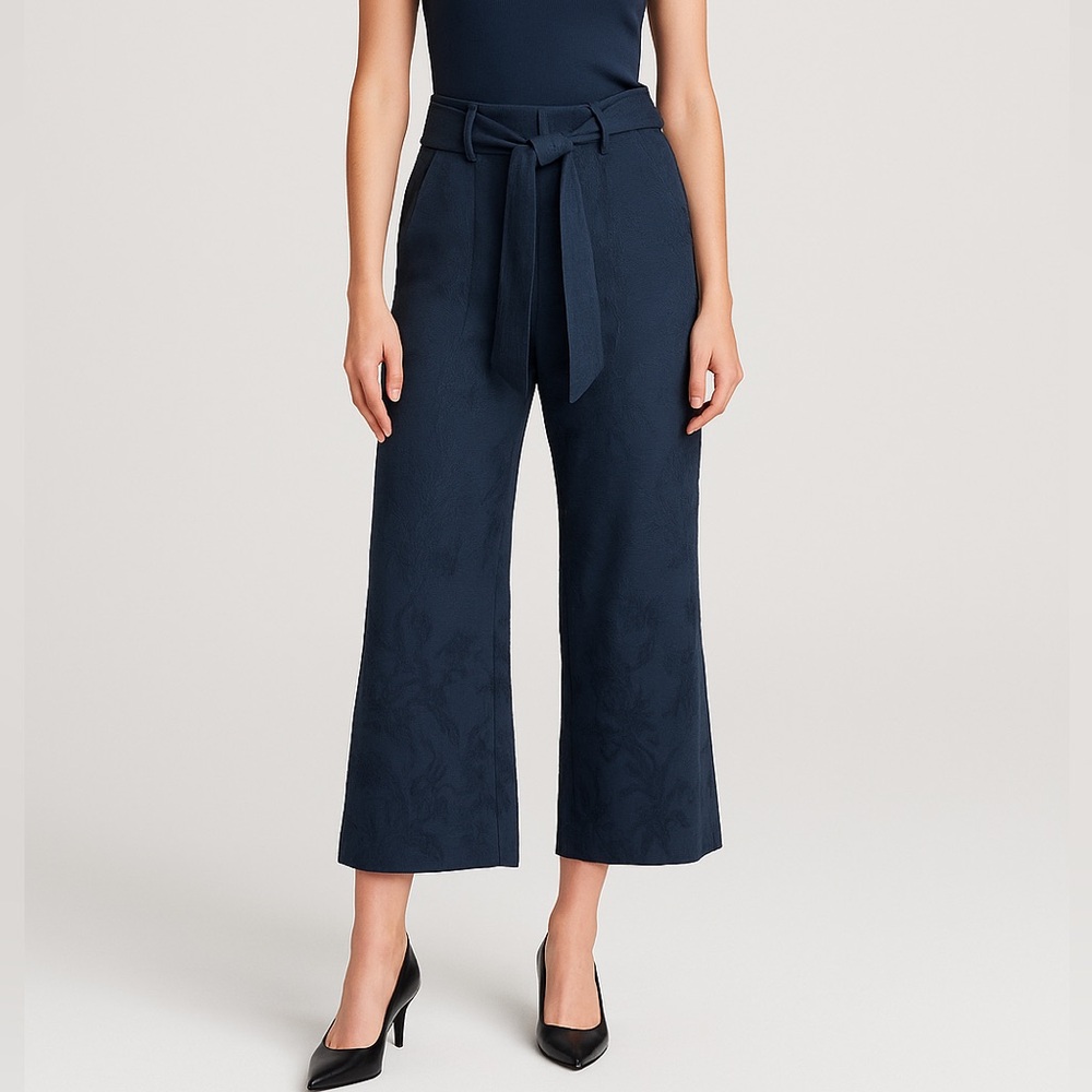 Veronica Beard Navy Jacquard Wide-Leg Pants with Tie Waist